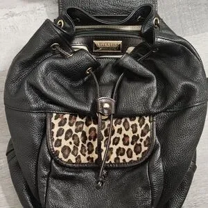 Valentina Black Leather Backpack Cheetah Calf Hair Flaps Leopard Print Black Leather Mini Backpack - Leopard Print  main image 3